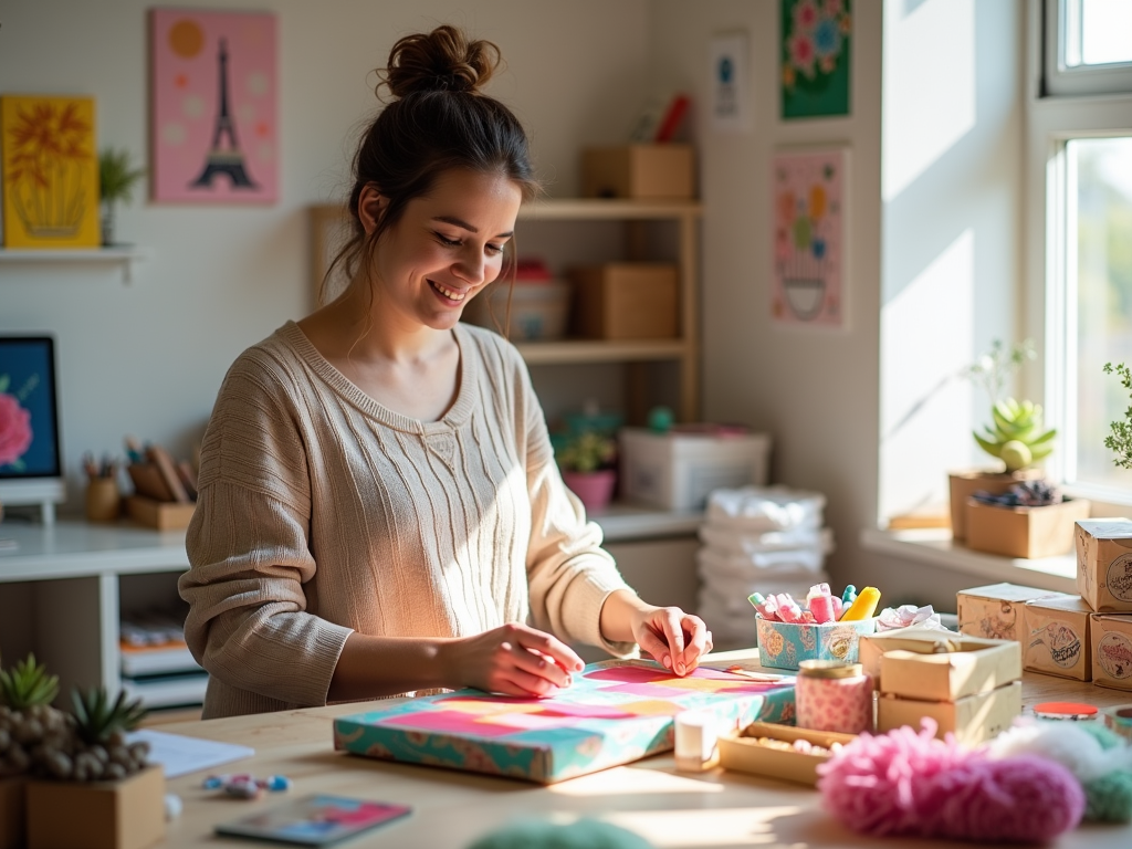 A woman smiles as she crafts in a bright, cozy workspace filled with art supplies and decorations.