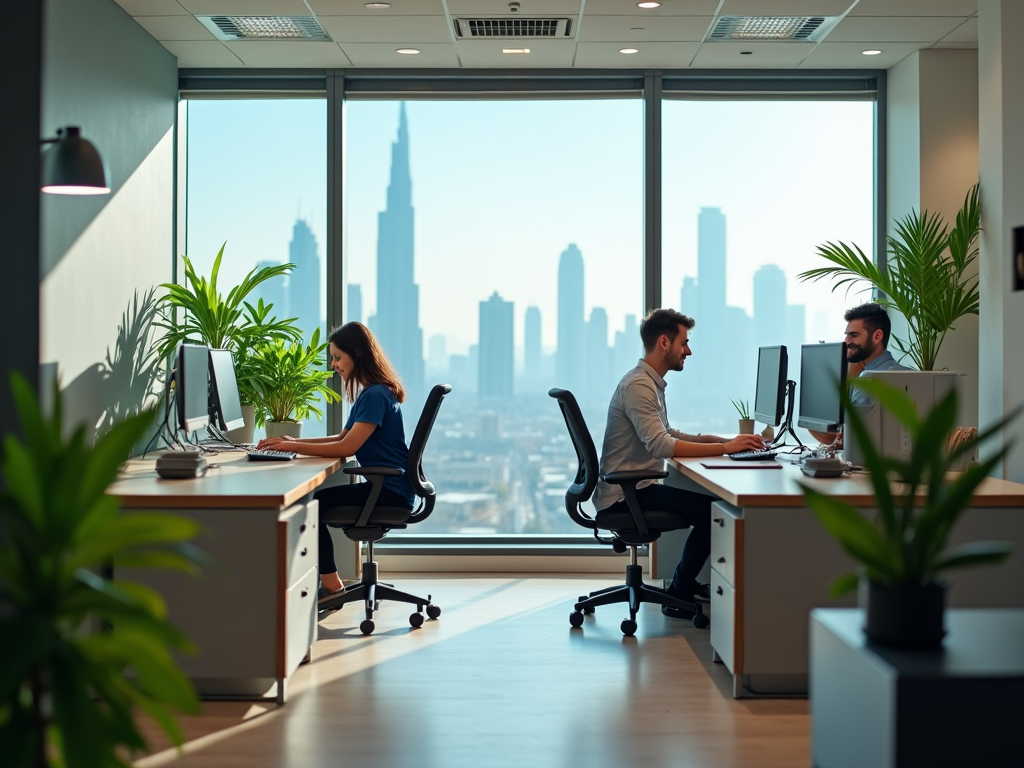 Colleagues working in a bright office with large windows showing a city skyline.