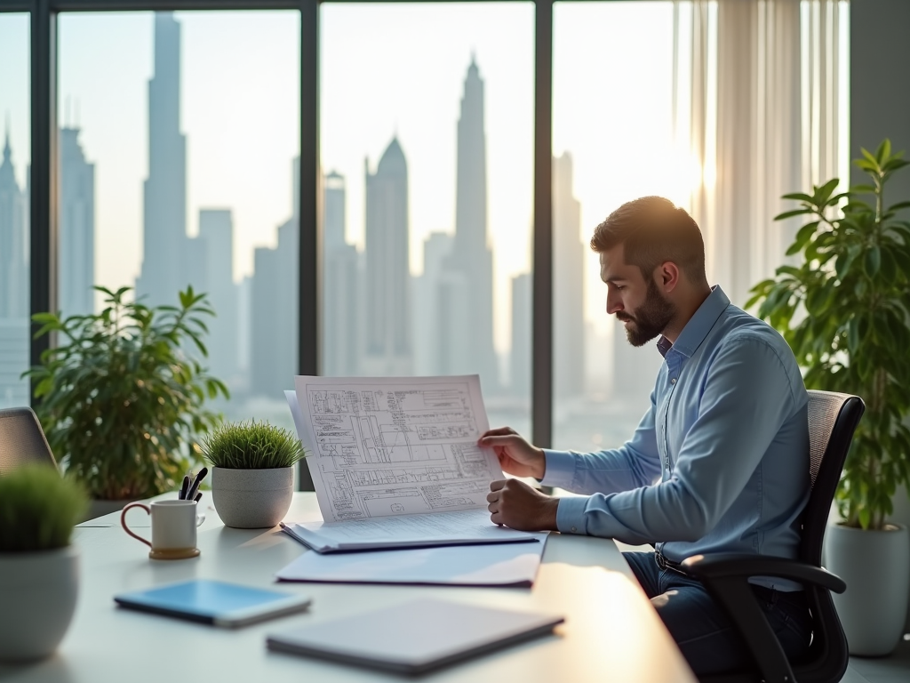 Man in blue shirt examining blueprints at a desk with skyline views at sunset.