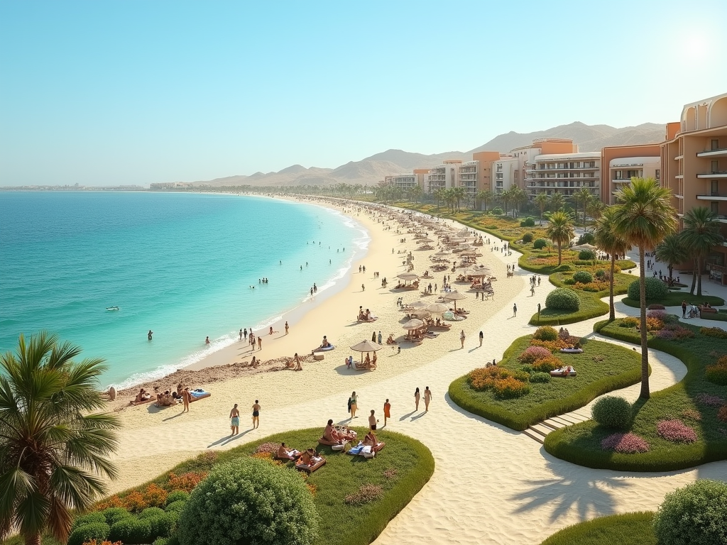 Aerial view of a bustling beach alongside a resort with palm trees and mountains in the background.