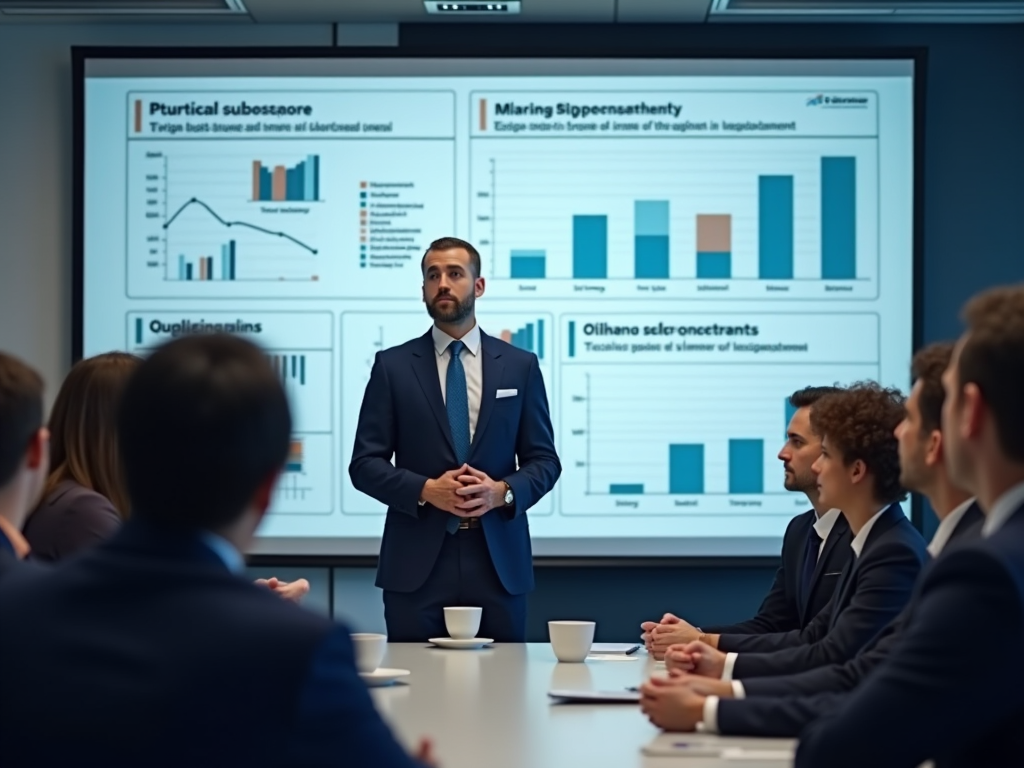 Man in suit presents charts during business meeting, audience listens intently.