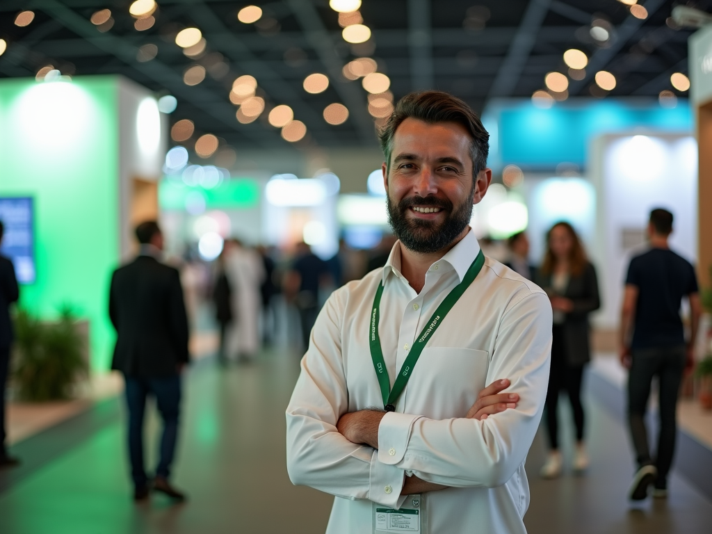 Man with beard smiling, wearing lanyard at busy conference hall.