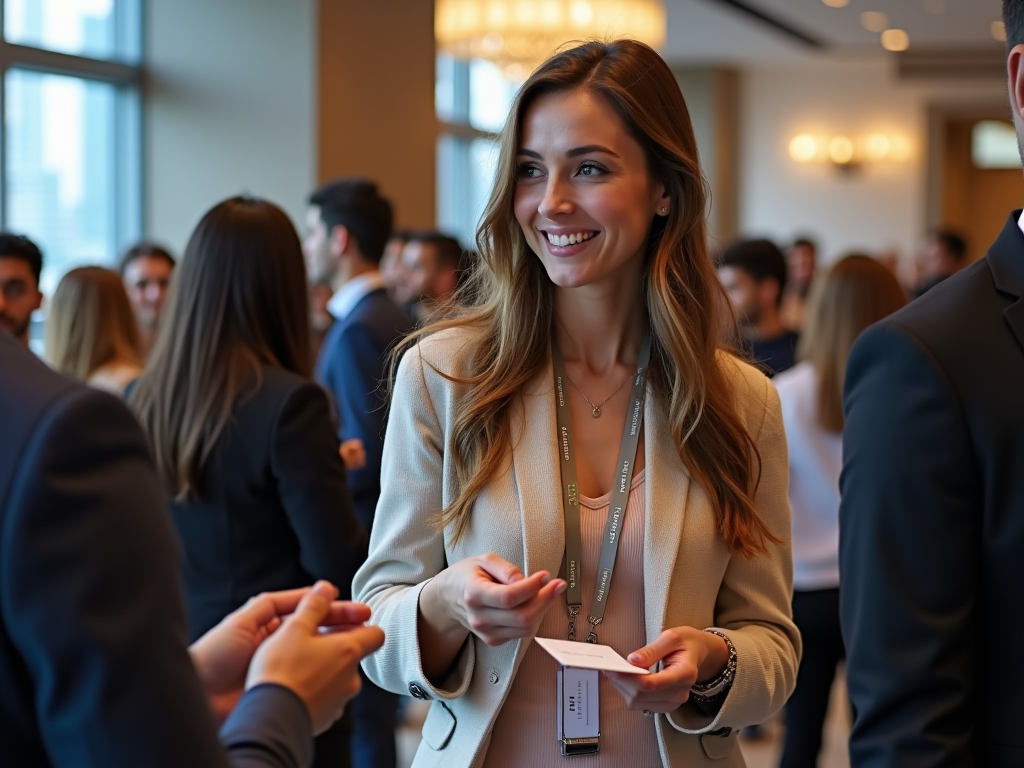 Smiling woman exchanging business cards at a networking event.