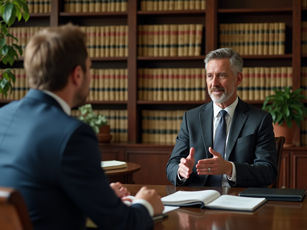 Two business professionals having a discussion in a traditional office with bookshelves.