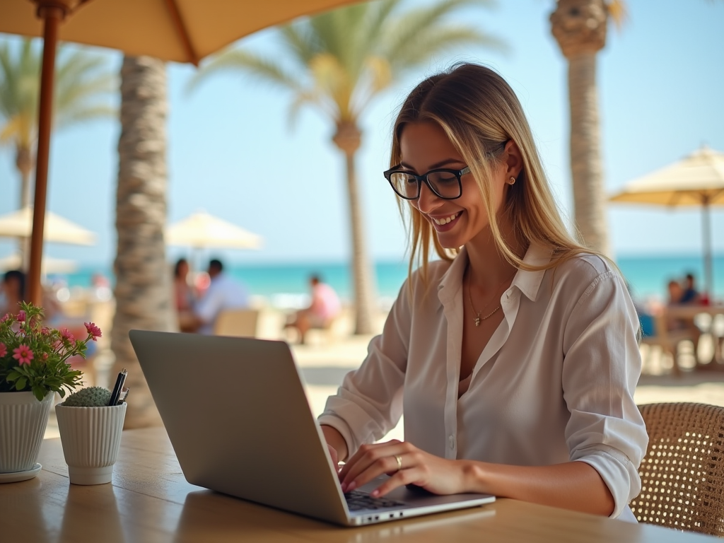 Smiling woman using laptop at a beachfront café under an umbrella.