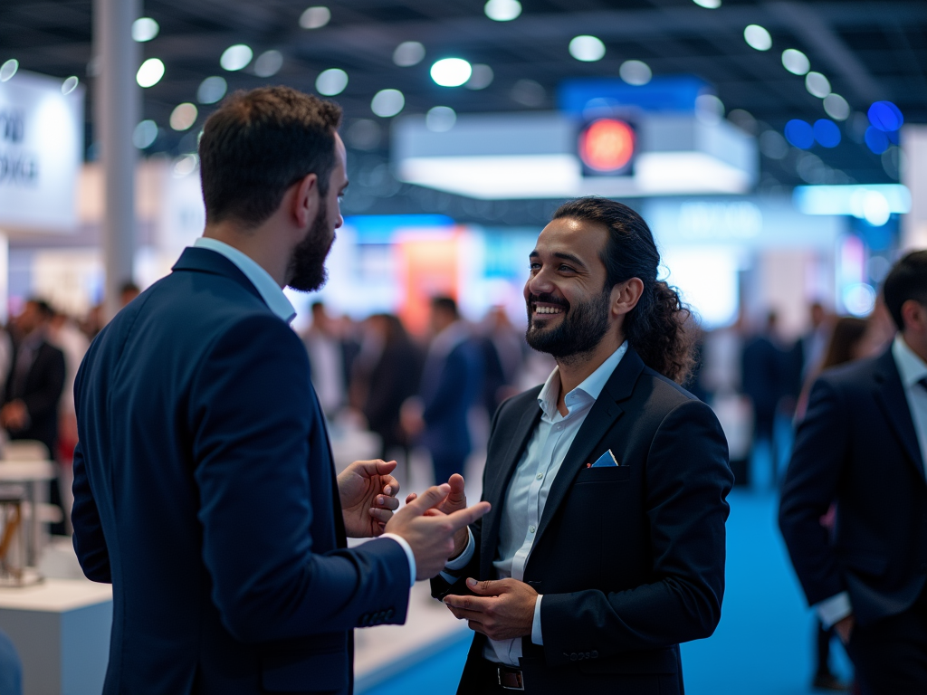 Two men in business suits converse happily at a bustling trade show.