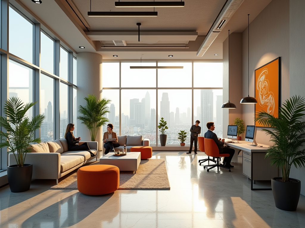 Modern office space with employees working, large windows showing a cityscape, and orange accents.