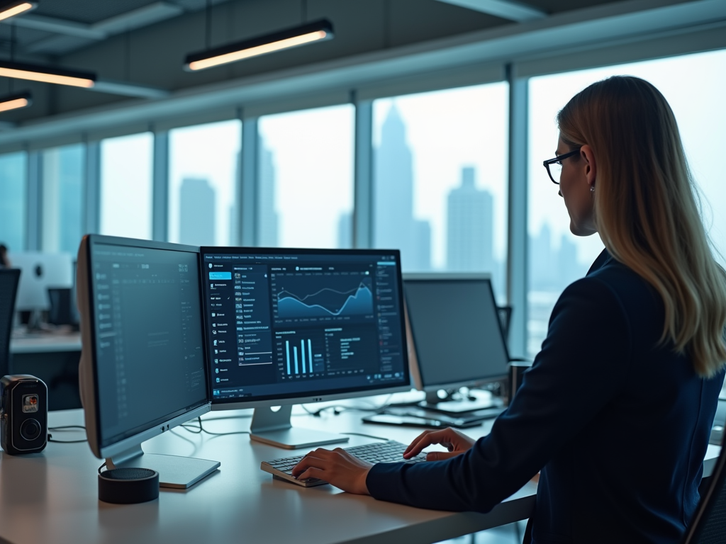 Woman in glasses working on multiple monitors displaying data analytics in an office with cityscape view.