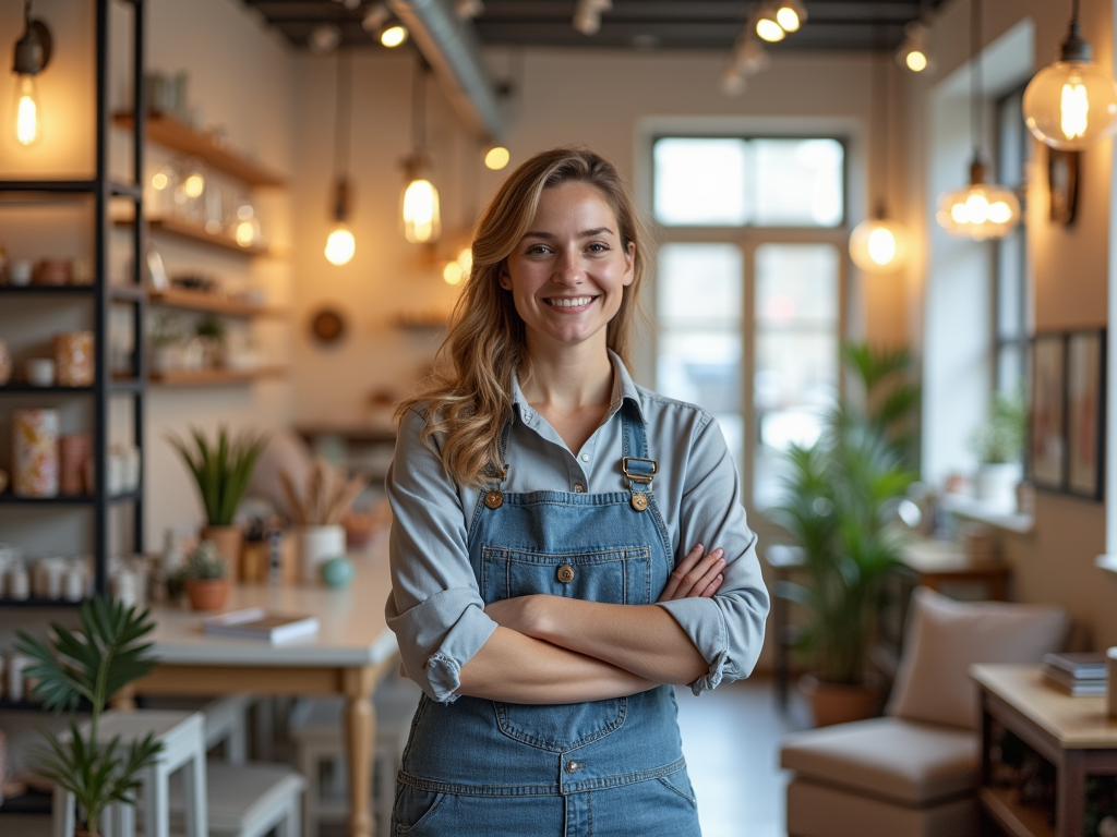 A smiling woman in overalls stands confidently in a cozy, well-lit café, surrounded by plants and shelves.