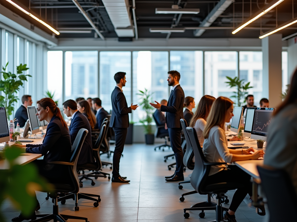 Busy office setting with professionals working at desks and two men conversing while standing.