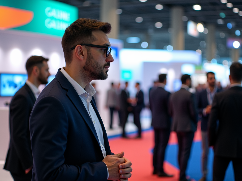 Man in suit at expo with other professionals in background.