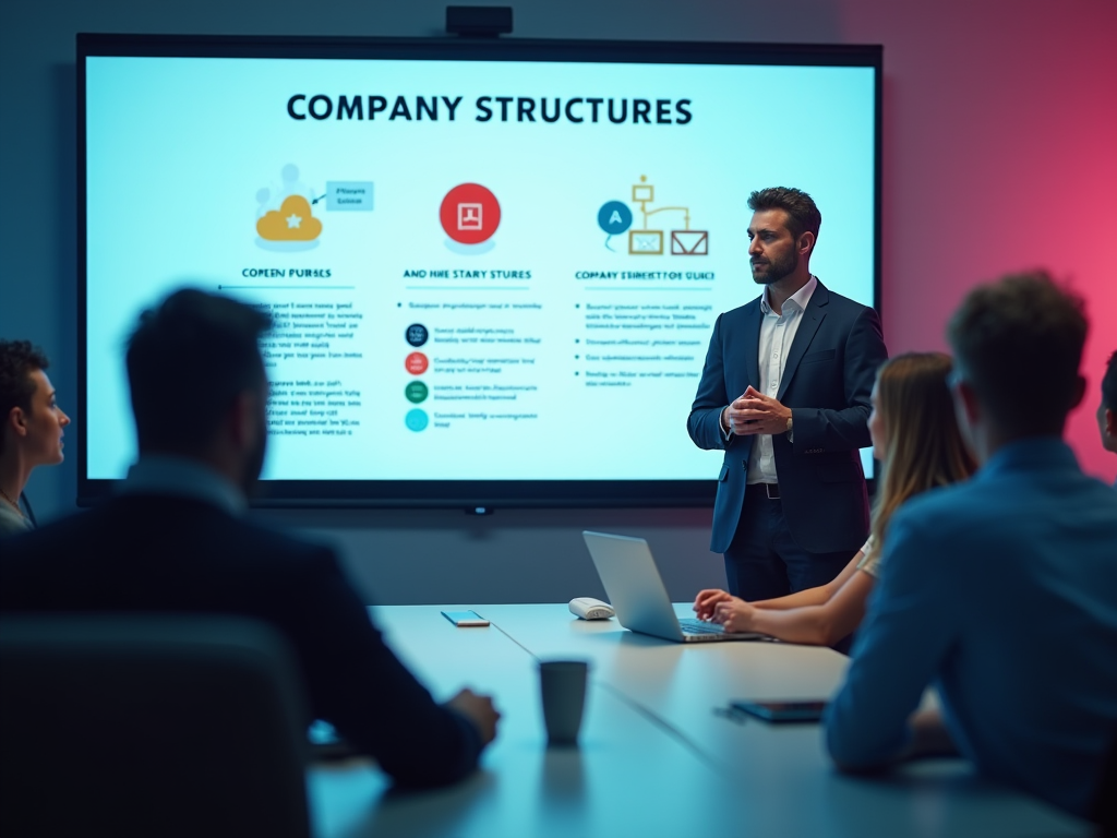 Man presenting company structures on screen to attentive colleagues in a meeting room.