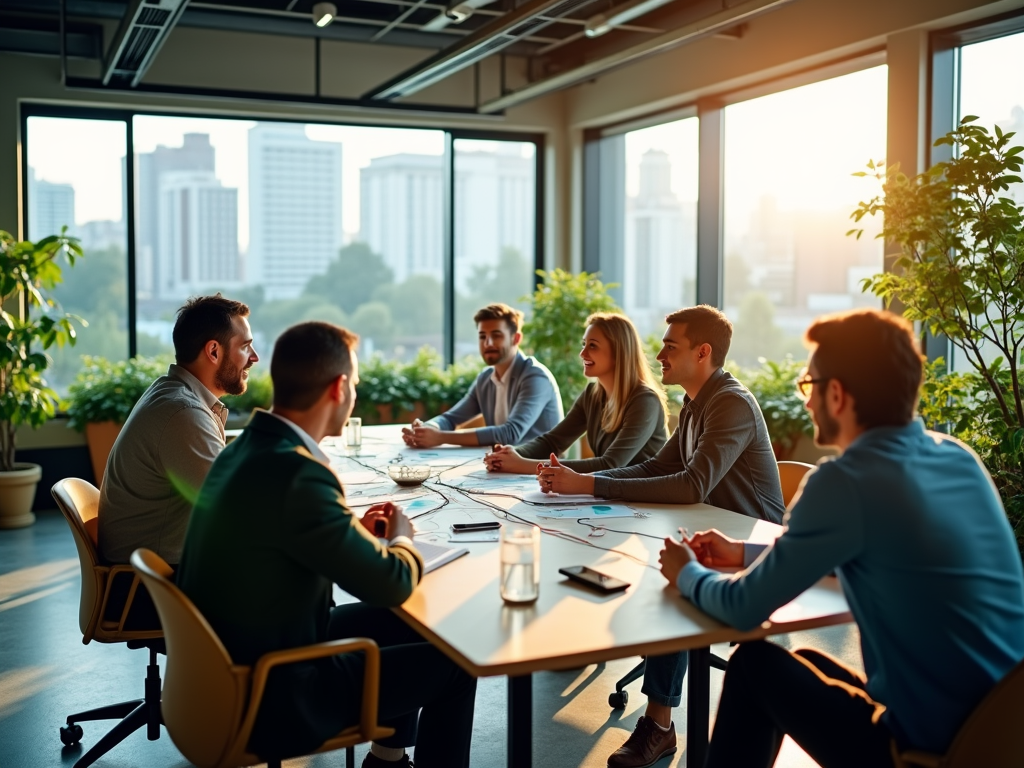 Team of professionals engaged in a meeting during sunset with the city skyline in the background.