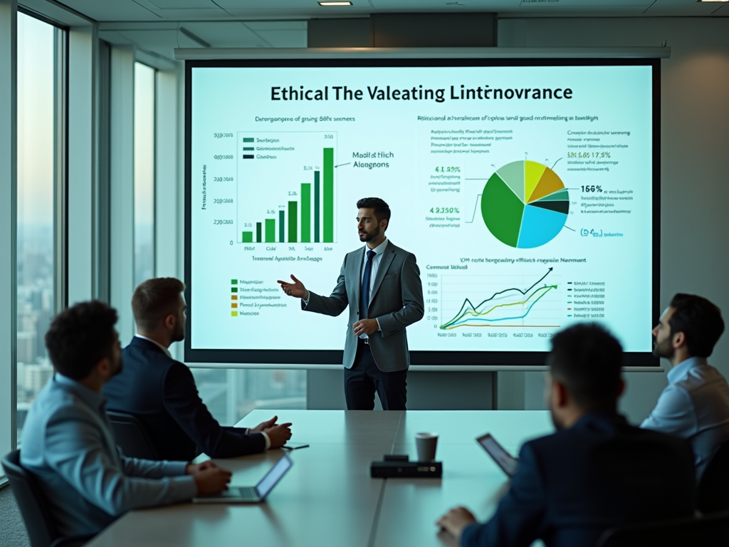 A presenter discusses charts on a screen in a conference room filled with attentive businesspeople.