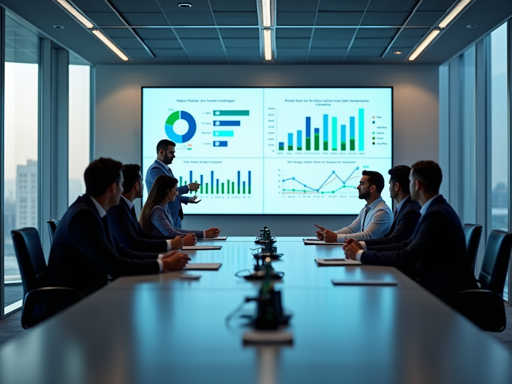 A business meeting in a modern conference room, with a presentation displaying various charts and graphs on a screen.