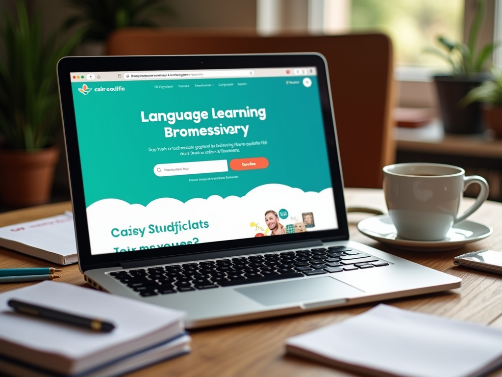 A laptop on a wooden desk displays a language learning website, alongside a notebook and a cup of coffee.