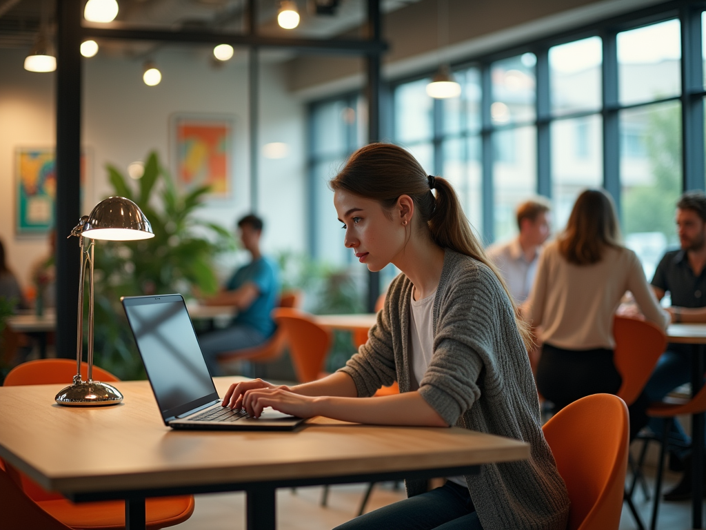 Young woman using laptop in a vibrant coworking space, with people in background.