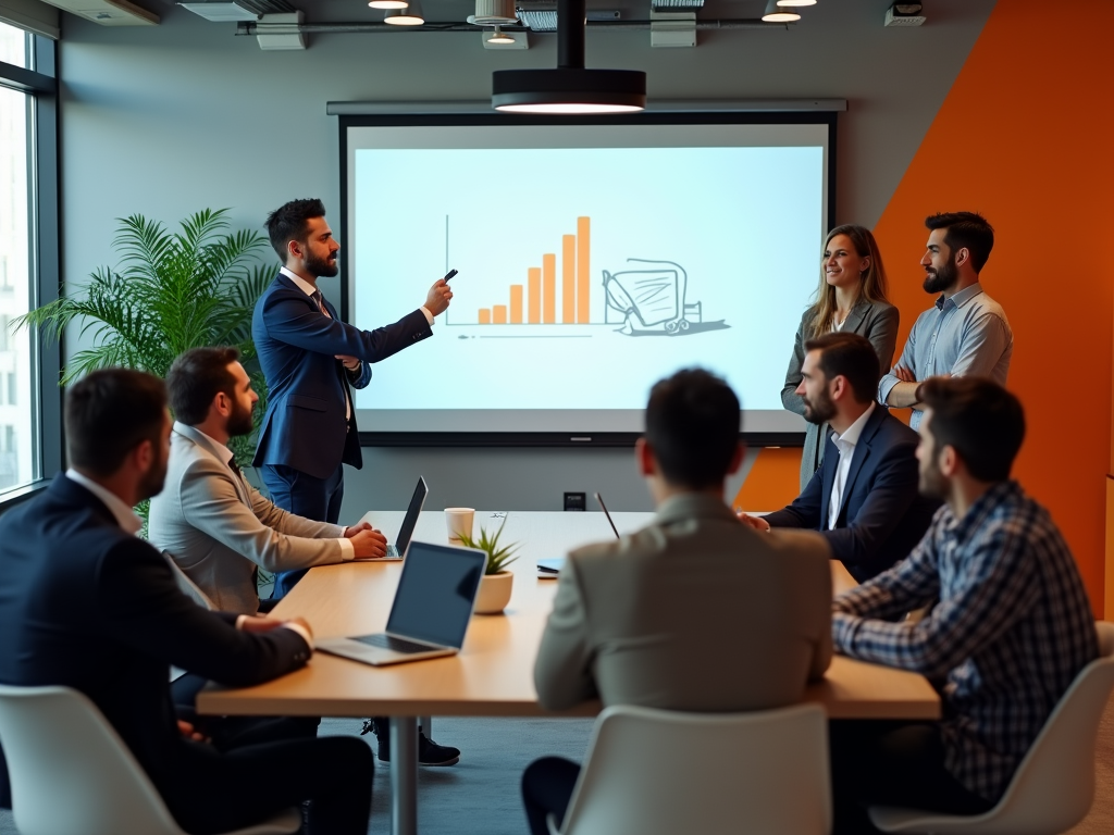 A man presenting a bar chart on a screen to colleagues in a modern office meeting room.