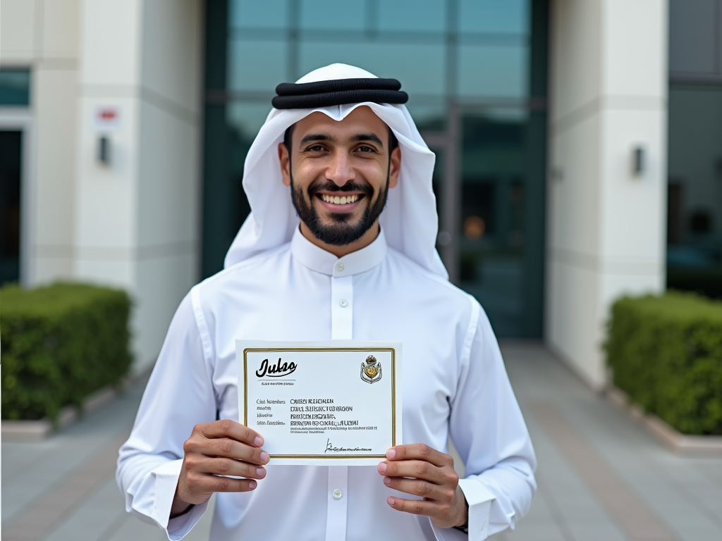 Smiling man in traditional Emirati attire holding a credential with text outdoors.