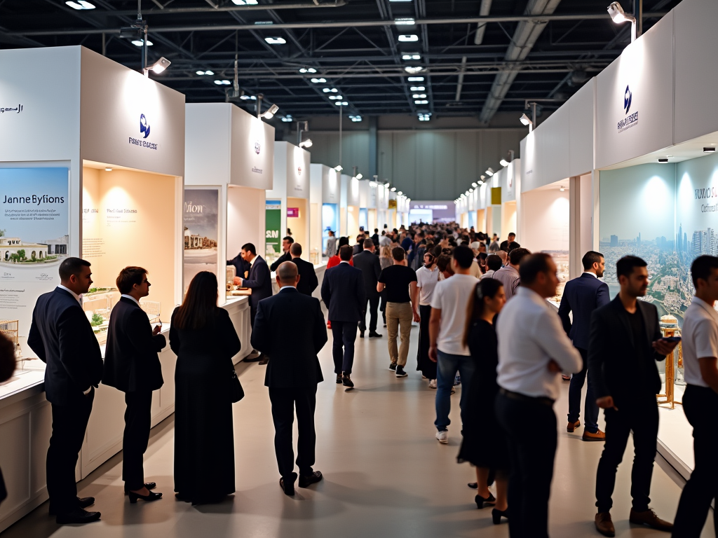 People browsing exhibition booths at a busy trade show.