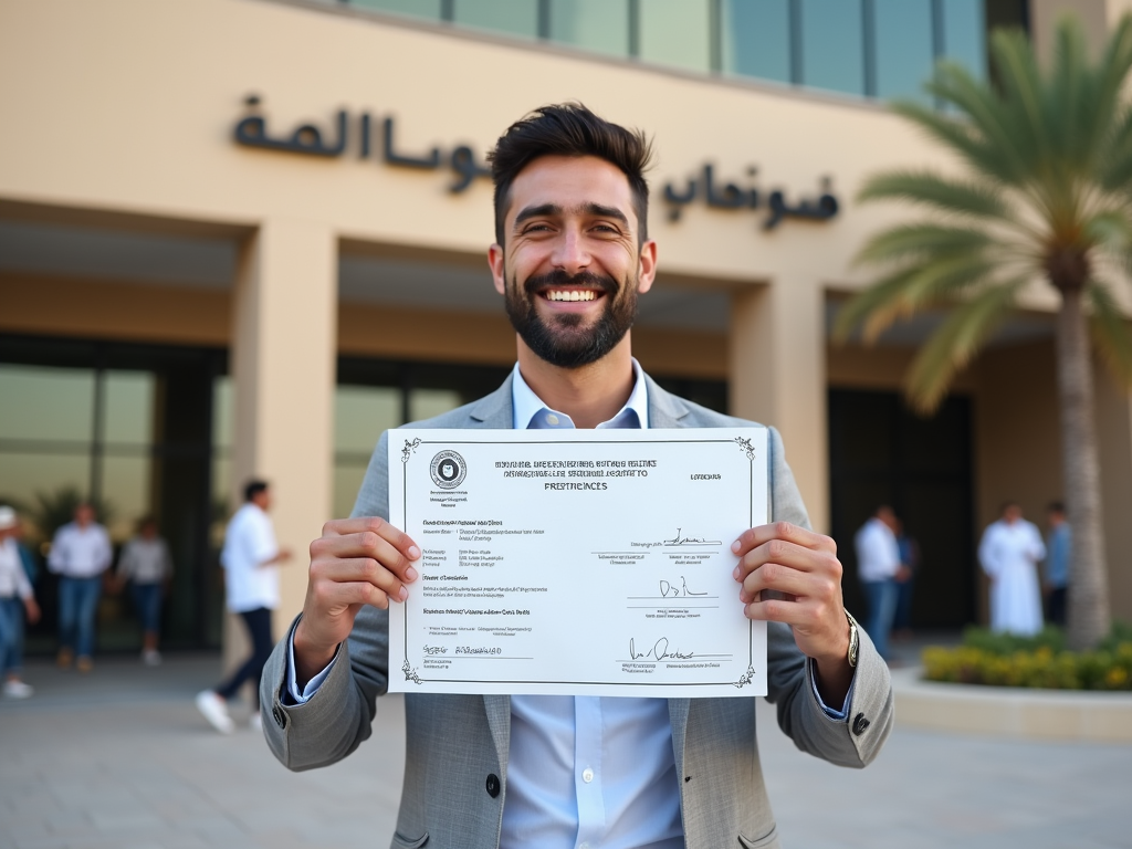 Smiling man holding a certificate in front of a college building.