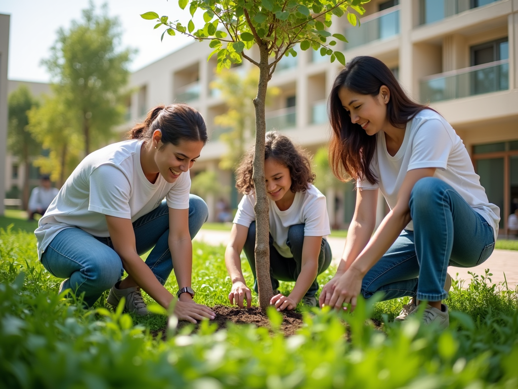 Two women and a girl planting a sapling in a sunny, grassy area near buildings.