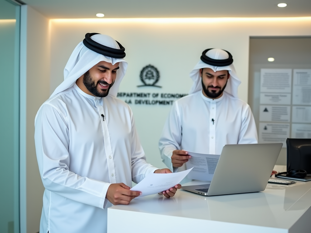 Two men in traditional Emirati attire working at a desk with documents and a laptop.