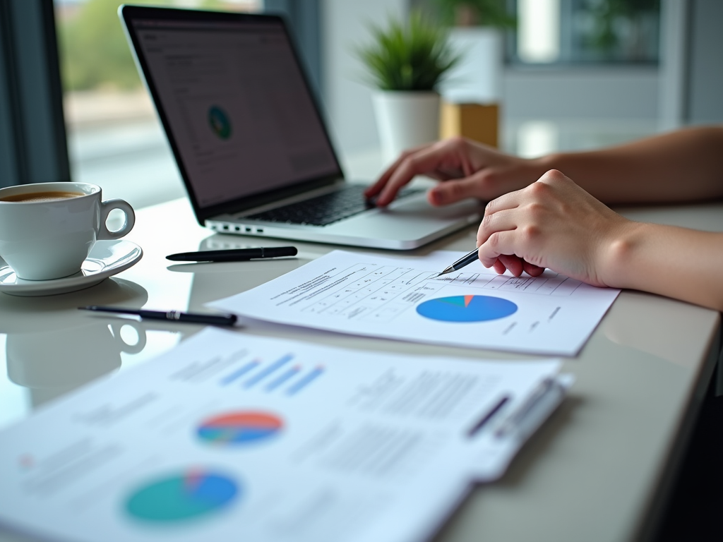 Person analyzing data charts on paper with a laptop and coffee cup on a desk.