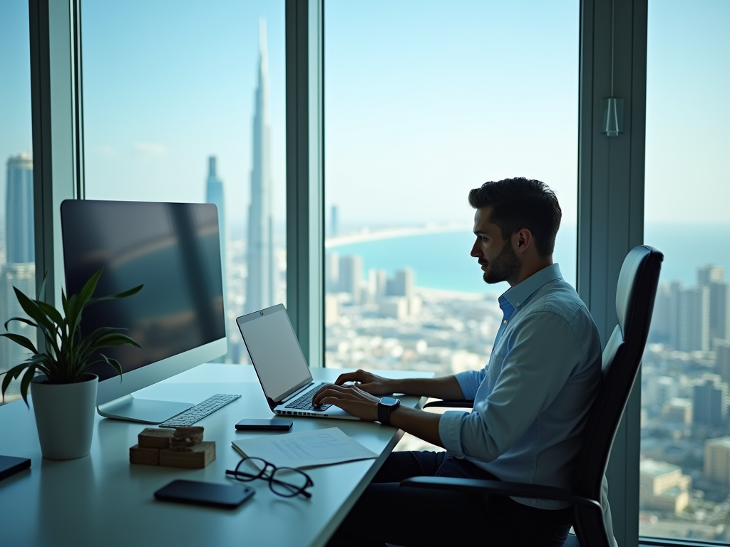 Man working on laptop in modern office overlooking city skyline.