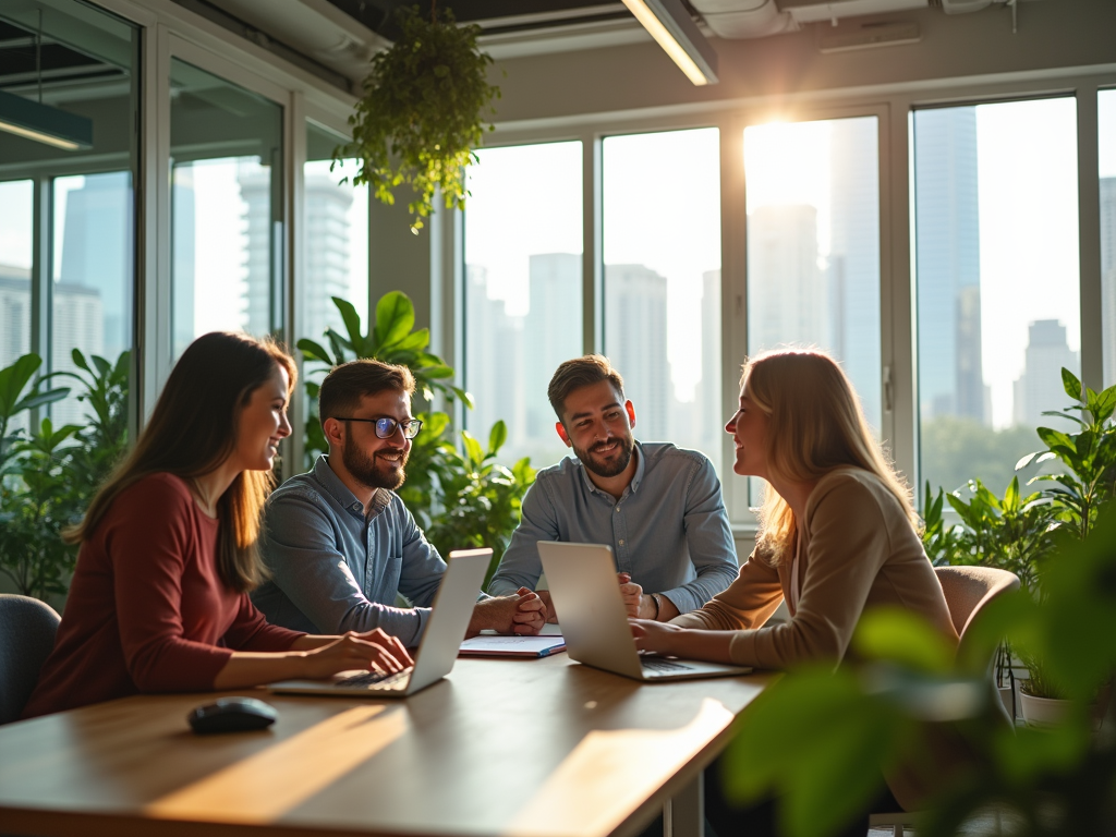 Four colleagues discussing around a table in a sunny office with cityscape views.