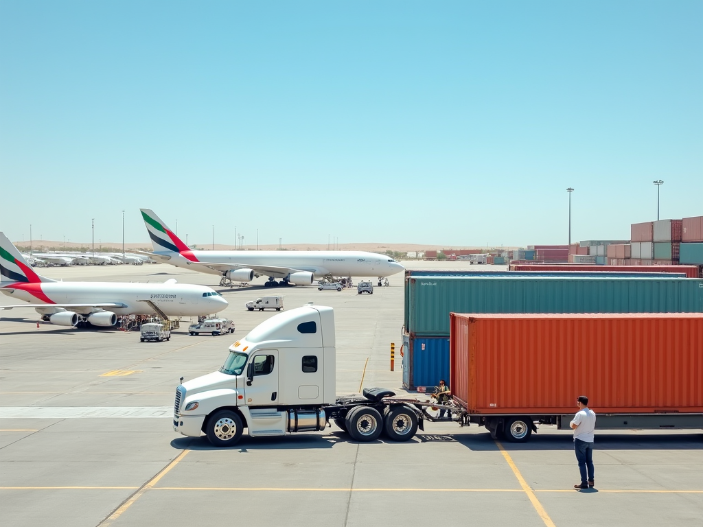 Man stands by a truck with a container at an airport with airplanes in background.