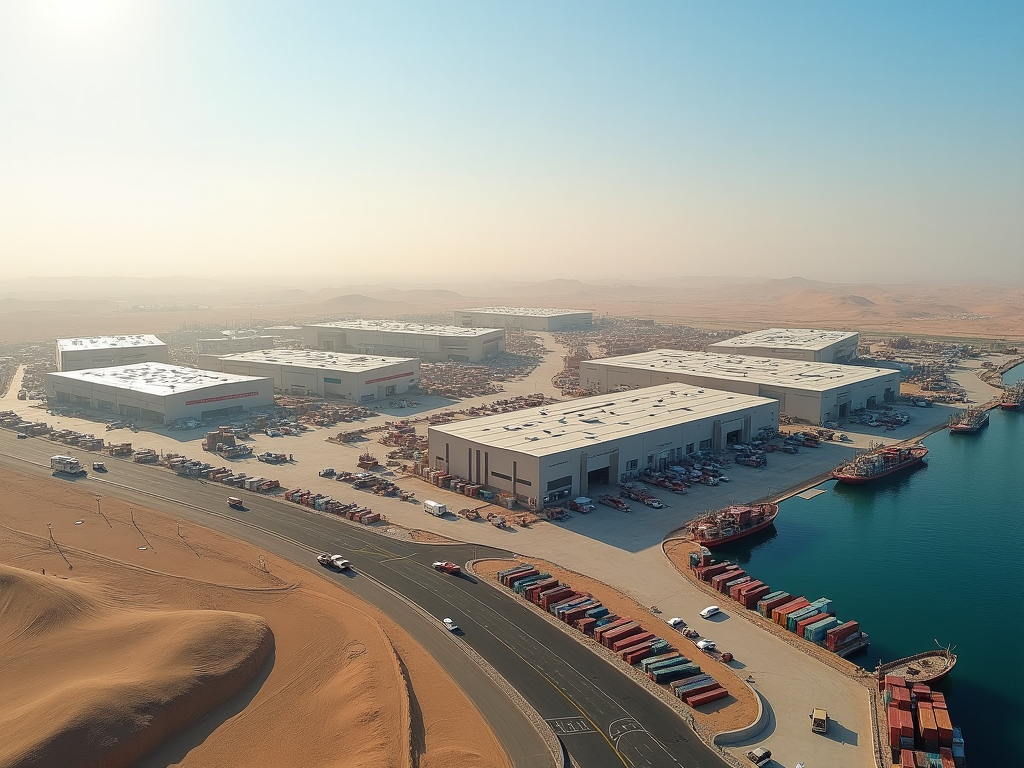 Aerial view of industrial port with warehouses, cargo ships, and cargo containers in a desert setting.