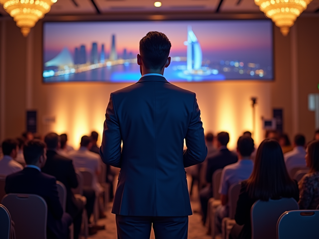 Man in suit stands before audience in conference room with city skyline projection.