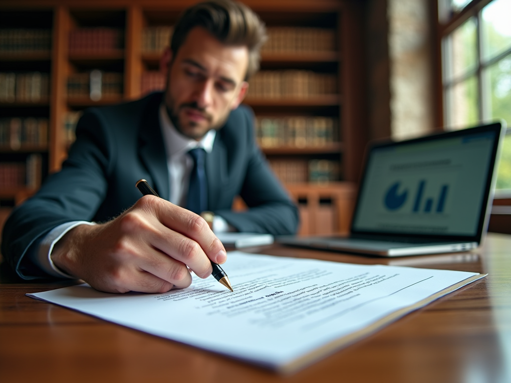 Focused man in suit signing documents at a desk with a laptop displaying graphs.