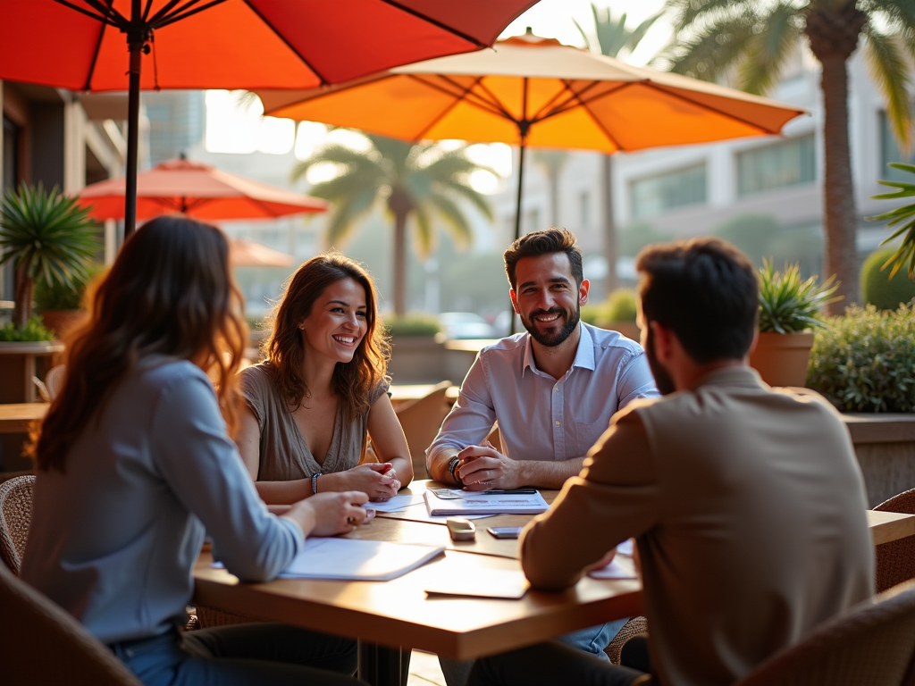 Four people having a meeting at an outdoor café under orange umbrellas.