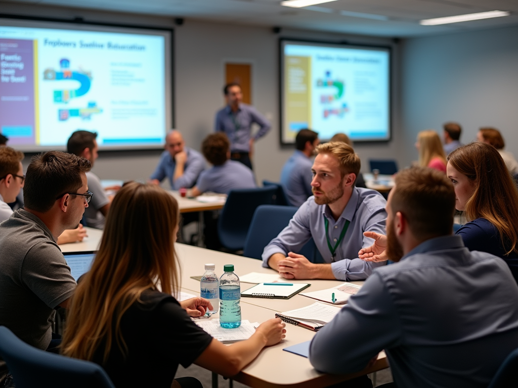 A group of professionals discusses a presentation in a conference room, notebooks and water bottles on the table.