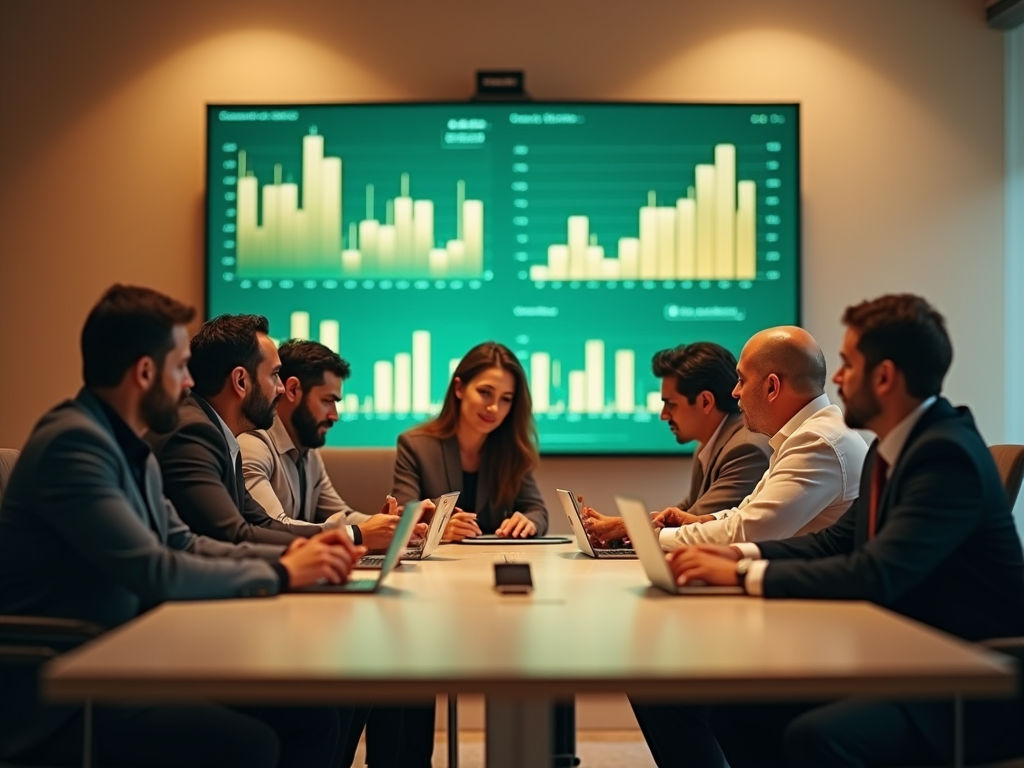 Business team analyzing financial charts on a screen during a meeting in a modern office.