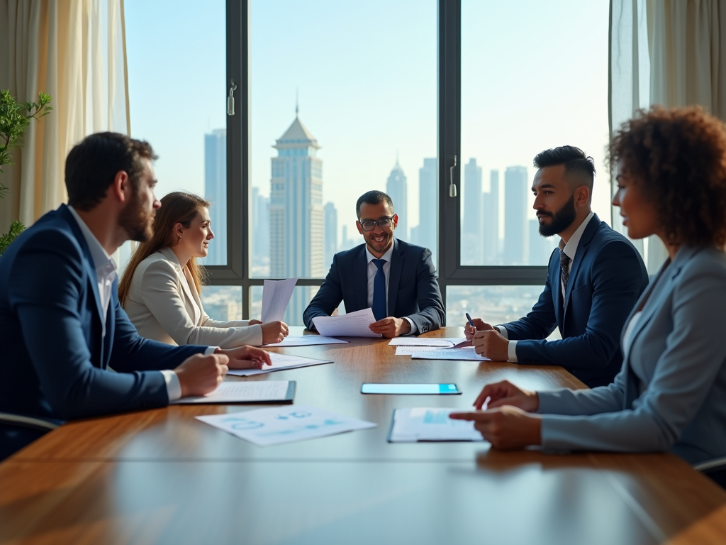 Business professionals discussing documents around a conference table with city skyline in the background.