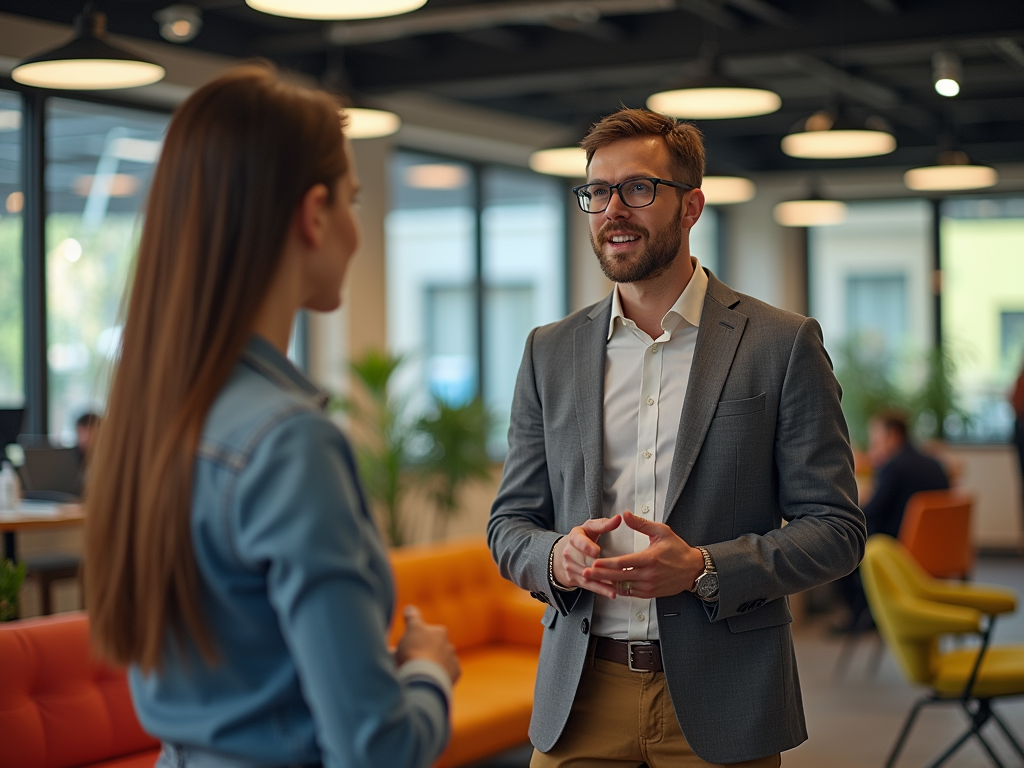 Two professionals in conversation, man in gray blazer smiling at woman in blue shirt in office.