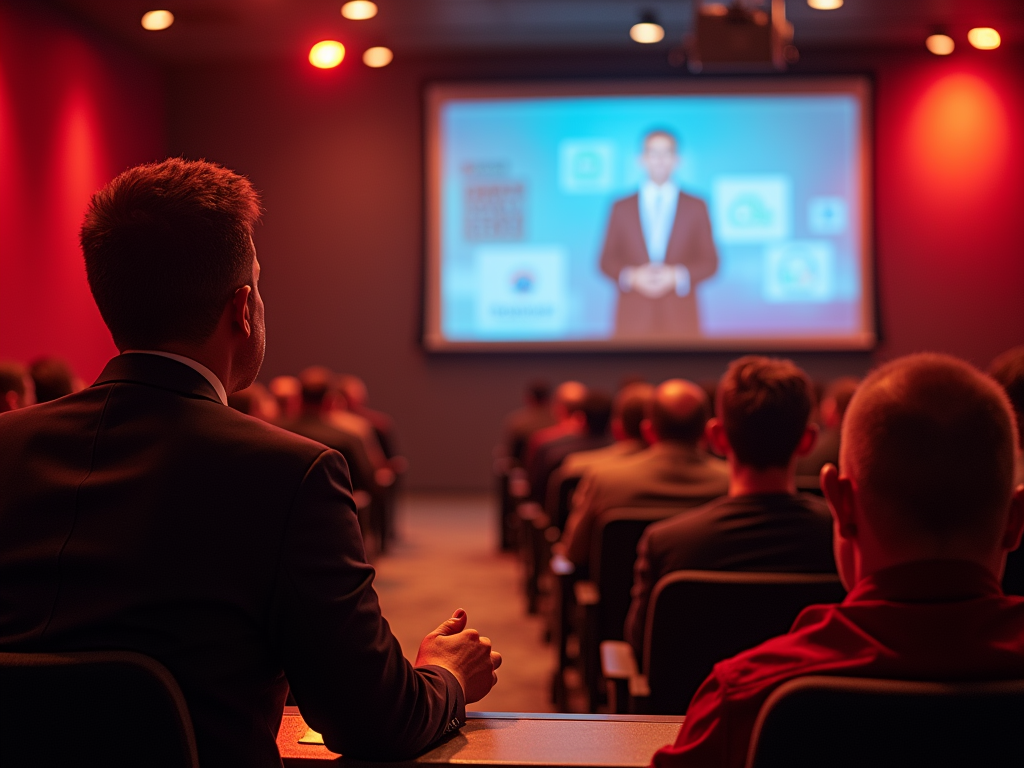 Audience members watching a presentation by a man on a screen in a dimly lit conference room.