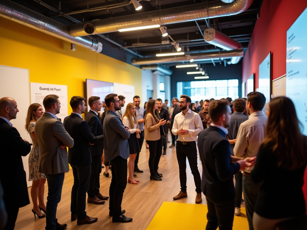 Group of professionals attending a networking event in a colorful conference room.