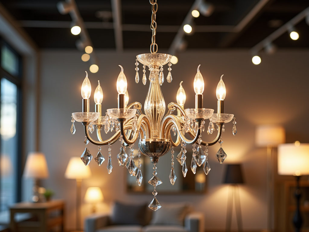 A beautiful chandelier with crystal accents and lit candles, illuminating a cozy interior space with soft lighting.