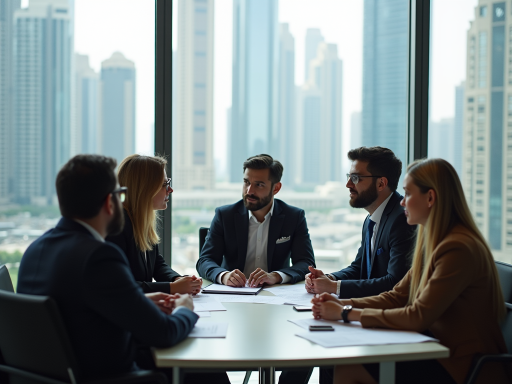 Professional business team meeting in a modern office with cityscape background