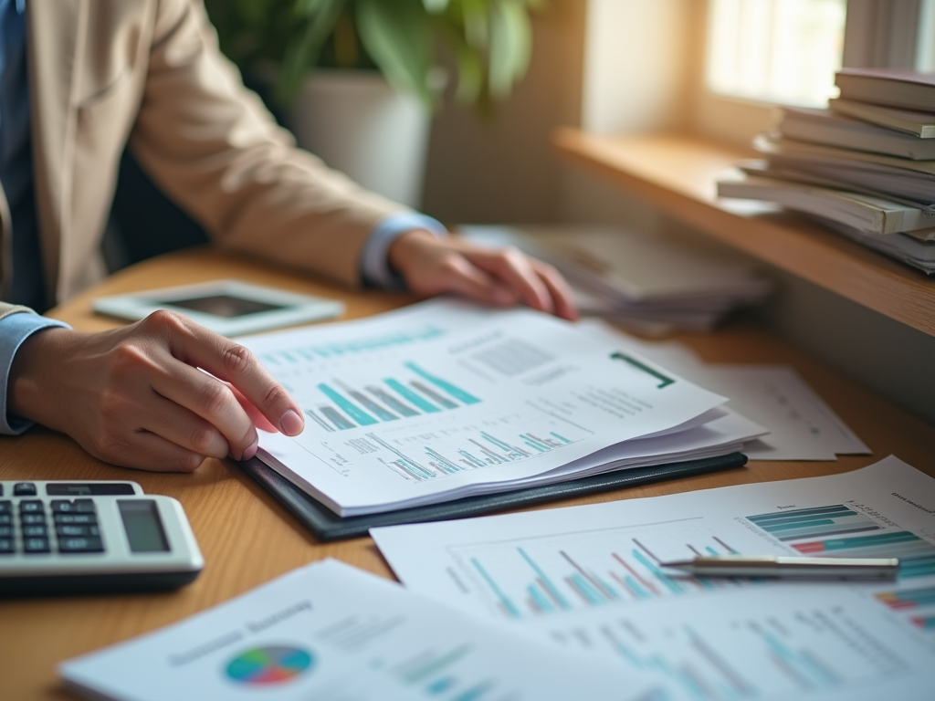 Professional reviewing financial reports on a cluttered office desk, with calculator and tablet visible.