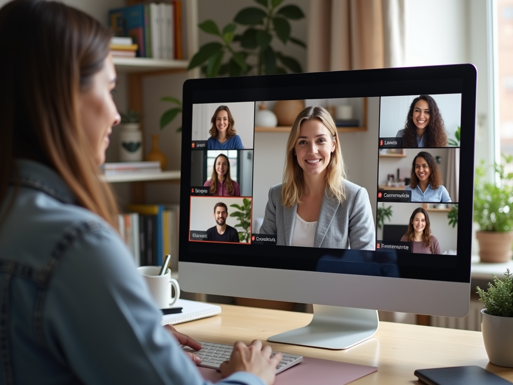 A woman participates in a video call, smiling, with six other people displayed on the screen.