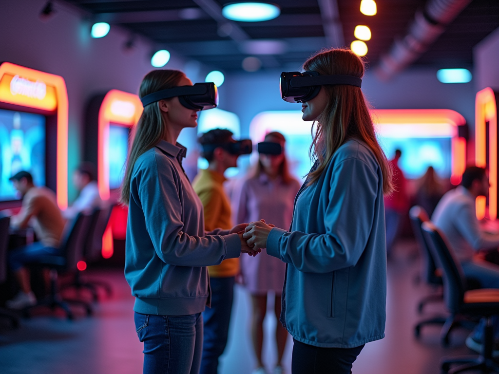 Two women in VR headsets stand facing each other, holding hands, in a vibrant, tech-filled gaming environment.