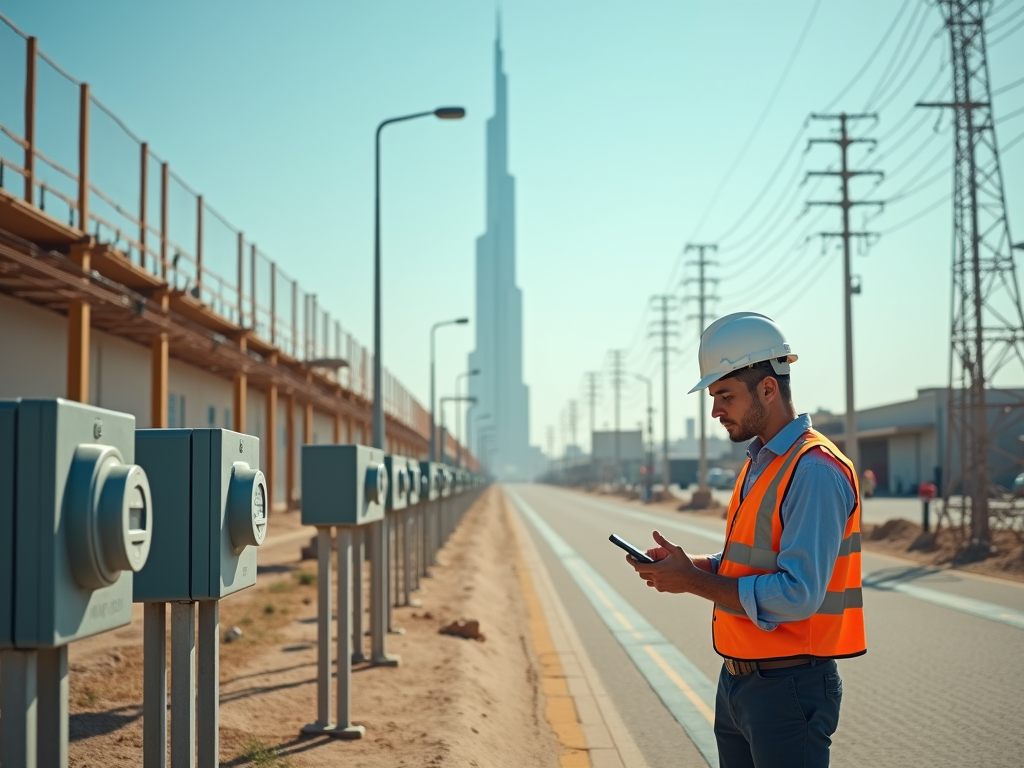 A construction worker in a hard hat checks his phone near electric meters, with a skyscraper in the background.