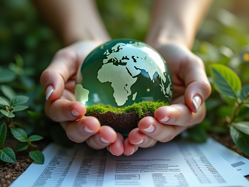 A person holds a green globe with a map design, surrounded by lush greenery, on top of some documents.