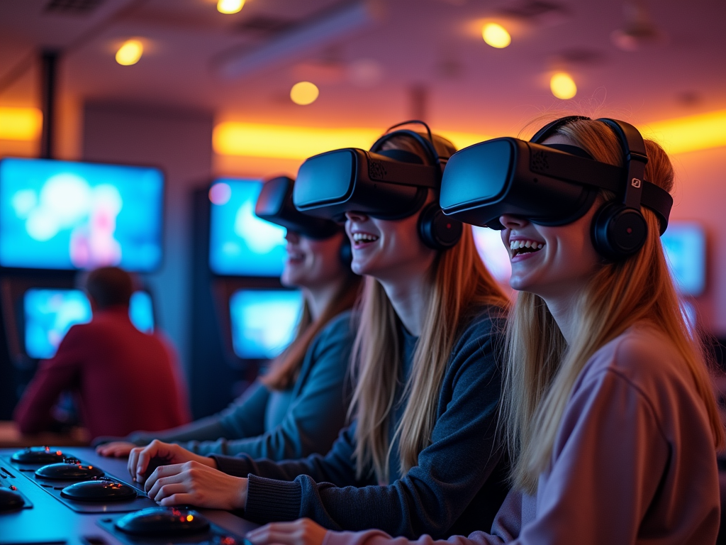 Three women wearing VR headsets smile while playing video games in a brightly lit gaming center.