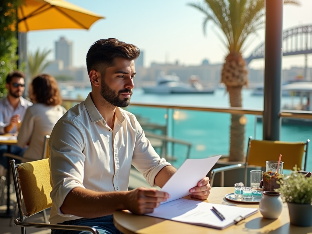 Man reading documents at outdoor café by the waterfront with cityscape in the background.